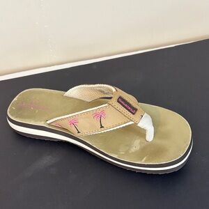 Margaritaville Beige Leather Breezy Flip Flops with Pink Palm Trees Size 7
